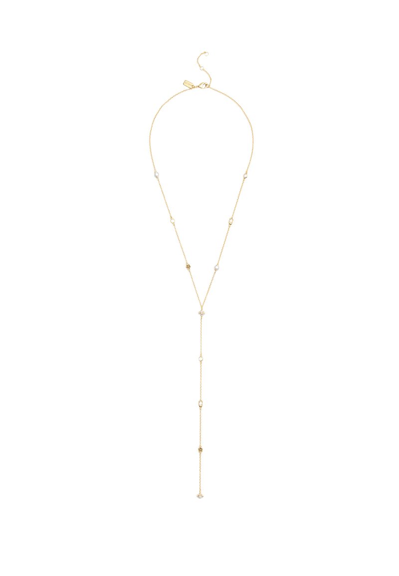 Guld-tonad halsband med en lång kedja med oregelbundet placerade vita pärlor och dekorativa detaljer, som bildar en Y-formad design.