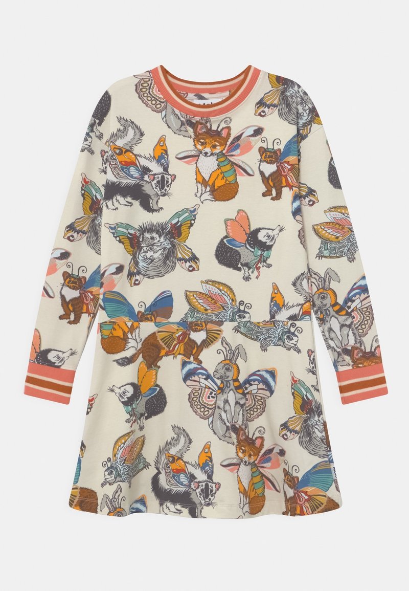 Langärmliges Kleid aus cremefarbigem Stoff mit einem bunten Tier- und Schmetterlingsdruck. Orange gestreifte Akzente am Ausschnitt und an den Ärmeln.