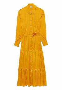 Robe jaune à manches longues en tissu lisse. Présente une ouverture à boutons sur le devant, un col et un ourlet à volants avec une ceinture attachée à la taille.