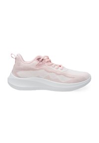 Růžová atletická bota s texturovaným pleteným svrškem, bílou mezipodešví a šněrovacím designem. Obsahuje poutko na patě a logo na straně.