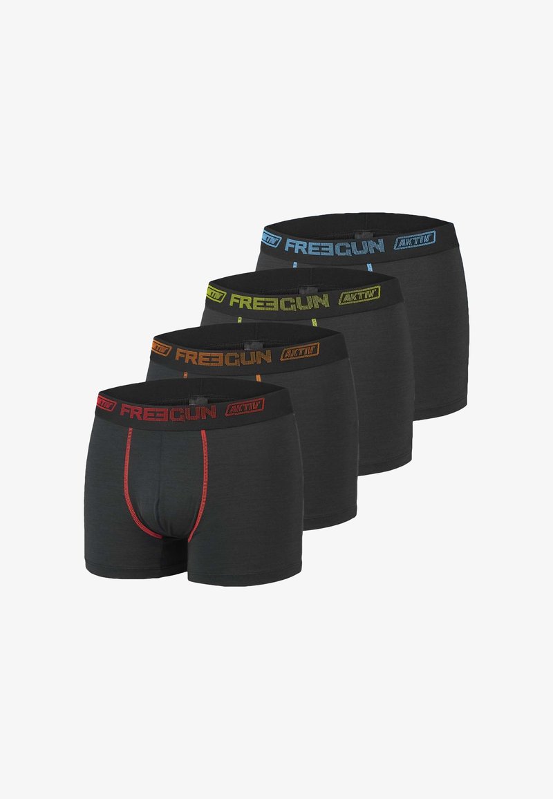 Boxer en coton noir avec des bandes de taille contrastantes en bleu, vert, orange et rouge, avec des détails de logo et de couture.