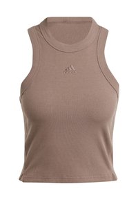Brown ribbed athletic tank top with a high neck and sleeveless design. Features a small embossed logo on the front. Soft fabric texture.