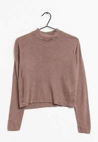 Pruhovaný, dlouhý rukáv crop top v mauve barvě s vysokým výstřihem a volným střihem. Vyrobeno z měkkého pleteného materiálu s jemnou texturou.