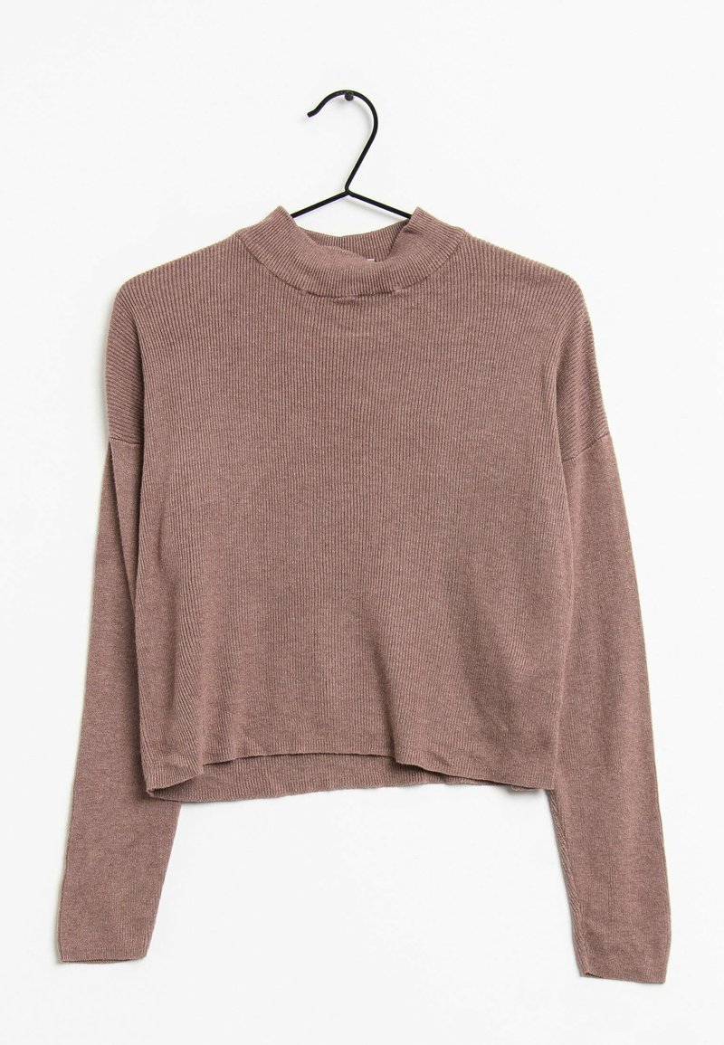 Pruhovaný, dlouhý rukáv crop top v mauve barvě s vysokým výstřihem a volným střihem. Vyrobeno z měkkého pleteného materiálu s jemnou texturou.
