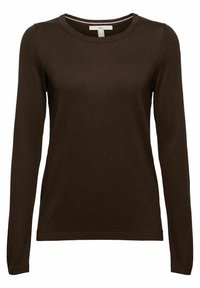 Ciemnobrązowy sweter z długim rękawem typu crew neck, wykonany z delikatnej dzianiny, z prostym dołem i ściągaczami przy mankietach.