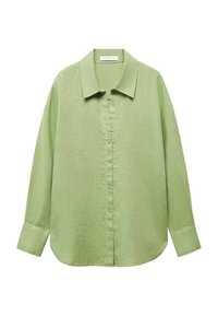 Camisa de lino verde claro con cuello, mangas largas y diseño de botones en la parte delantera. Textura suave y dobladillo redondeado.