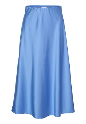 Lys blå satin nederdel med en glat tekstur og en elastisk talje. Designet er udvidet, når den til midt på læggen med en rund kant.