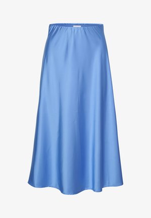 Svetlo modrá saténová sukňa s hladkou textúrou a elastickým pásom. Dizajn je rozšírený, s dĺžkou po polovicu lýtok a zaobleným lemom.