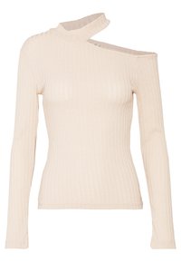 Ribattu pitkähihaine paita vaaleassa beessissä. Ominaisuudet epäsymmetrinen kaula-aukko, josta yksi olkapää on paljaana. Liukas rakenne, tiukka malli.