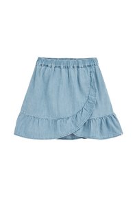 Helles Jeans-Wickelrock mit elastischem Bund, ausgestellter Silhouette, Rüschensaum und weicher Textur.