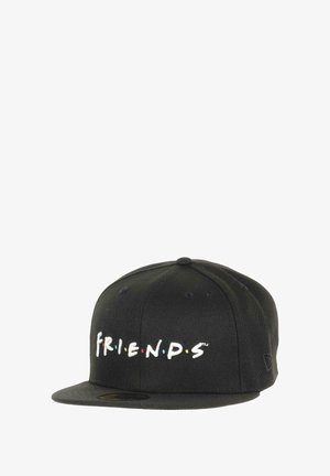 Black cotton baseball cap featuring the word "FRIENDS" embroidered in colorful letters. Structured design with a flat brim and adjustable back.
