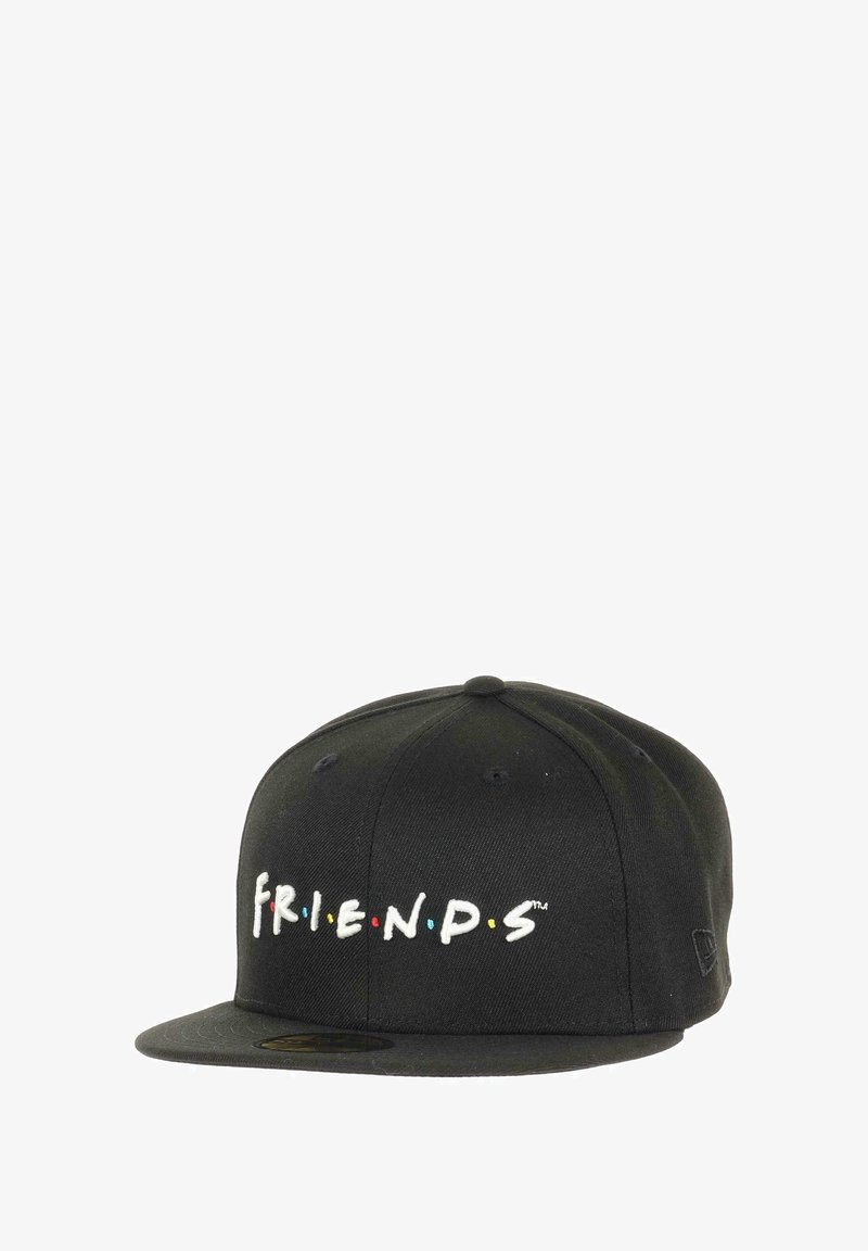 Black cotton baseball cap featuring the word "FRIENDS" embroidered in colorful letters. Structured design with a flat brim and adjustable back.