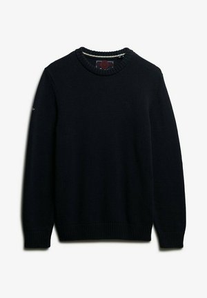Granatowy sweter dzianinowy, okrągły dekolt, ściągacze przy mankietach i u dołu, lekka struktura, subtelny detal z logo z przodu.