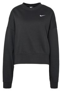 Czarna krótka bluza z bawełnianego materiału, z okrągłym dekoltem i długimi rękawami. Małe białe logo Nike na górnej lewej części klatki piersiowej.