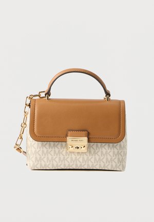 Brown leather top flap with gold hardware over a cream fabric base featuring an MK monogram pattern. Includes a chain strap for crossbody use.