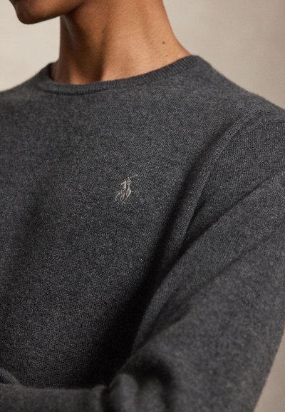 Primo piano di una persona che indossa un maglione lavorato a maglia grigio scuro con un piccolo logo ricamato di un cavallo e cavaliere sul petto.