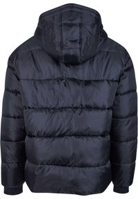 Svart pufferjakke med hette, quiltet tekstur, elastiske mansjetter og justerbar nederkant. Stoffet ser glansfullt ut med en subtil glans.
