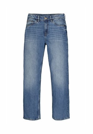Blå denim jeans med straight-leg snit, frontknap og lynlås, bæltestropper og fem-lomme design.