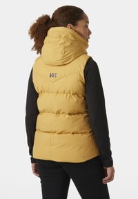 Gelbe Daunenweste mit hohem Kragen, horizontalen Steppnähten und einem Logo auf dem Rücken. Getragen über einem schwarzen Langarmoberteil.