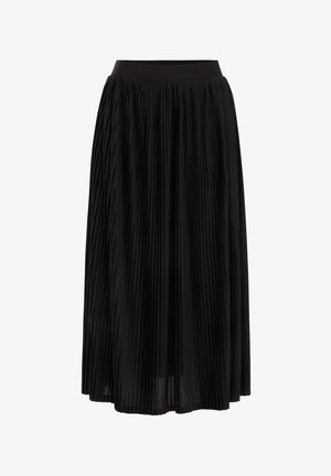 Sort plisseret midi-nederdel med en glat, elastisk talje og en let, svævende tekstur. Har fine, lodrette plisseringer over hele.