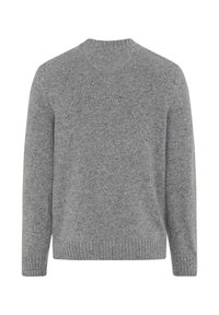 Grau gestrickter Pullover mit Rundhalsausschnitt, geripptem Saum und strukturiertem Muster. Hat lange Ärmel und eine einfarbige Ausführung. Rückansicht dargestellt.