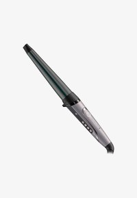 Conische haarkruller met een slank, grijs metalen lichaam, een taps toelopende zwarte cilinder en digitale bedieningselementen voor temperatuurinstellingen.