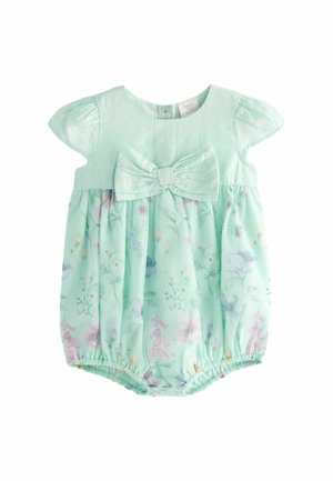 Combi short en mint vert à motif floral avec de courtes manches bouffantes et un nœud à la taille. Tissu doux, ouvertures élastiques aux jambes et décolleté rond.