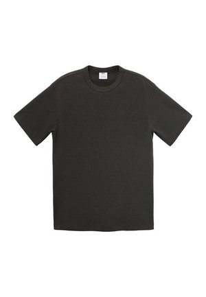 T-shirt corto grigio scuro in cotone. Presenta un collo rotondo e un design semplice, privo di decorazioni o motivi.