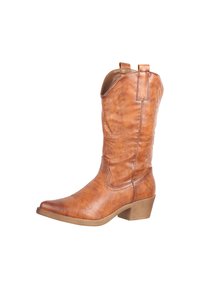 Botas de vaquero de cuero marrón con punta afilada, detalles de costura y trabillas; cuentan con un tacón bajo y una superficie texturizada.
