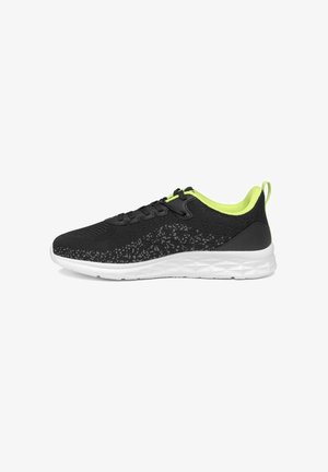 Sneaker nera e verde lime con tomaia in mesh, lato decorato, suola bianca imbottita e linguetta sul tallone, vista laterale.