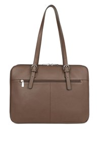 Bruine lederen laptoptas met dubbele handvatten, ritssluiting, voorvak en subtiel patroon met textuur. Stevig ontwerp met zilverkleurige accenten.