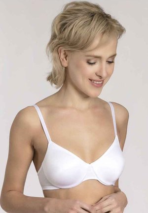 White seamless bra with thin adjustable straps, rounded cups, and smooth fabric. Simple design without embellishments or patterns.