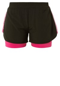 Shorts de sport noirs avec doublure intérieure rose et panneaux latéraux en mesh. Dotés d'une taille élastique et d'une coupe décontractée.