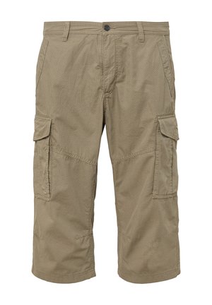 Shorts cargo beiges en tissu texturé, dotés de plusieurs poches, d'une fermeture à bouton et d'un design mi-cuisse.