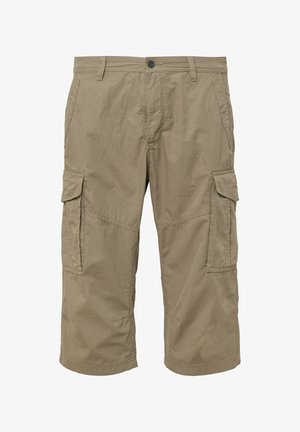 Shorts cargo beiges en tissu texturé, dotés de plusieurs poches, d'une fermeture à bouton et d'un design mi-cuisse.