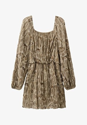 Long-sleeve, knee-length dress with brown and beige snakeskin pattern, gathered waist, and square neckline.
