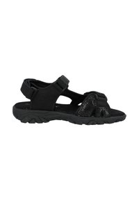 Sandalia negra con suela de goma flexible, correa ajustable y detalles de malla. Su diseño abierto permite la transpiración y la comodidad.