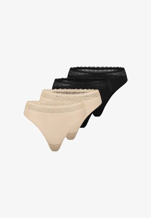 Cztery damskie bikini z koronkową lamówką, dwa beżowe z przodu i dwa czarne z tyłu, ułożone diagonalnie na białym tle.