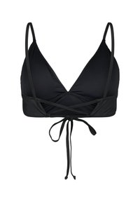 Top bikini triangolo nero con spalline sottili e lacci incrociati davanti, fissato da un fiocco al centro.