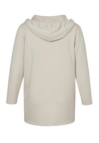 Beige Kapuzenpullover mit Kordelzug, langen Ärmeln und glatter Textur. Einfaches Design mit abgerundetem Saum und ohne sichtbare Muster oder Akzente.