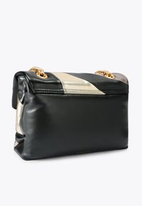 Black leather handbag with metallic accents in silver and gold, featuring a chain handle, smooth texture, and rectangular shape.