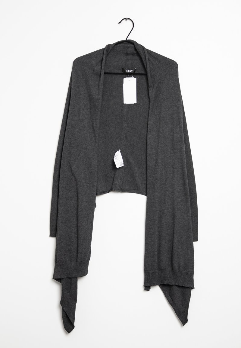 Cardigan gris foncé à devant ouvert avec manches longues et ourlet drapé, suspendu sur un cintre noir contre un fond blanc.
