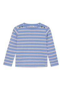 Blauw en beige horizontaal gestreept langarm babyshirt met schouderknopen en ronde hals.