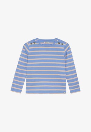 Blauw en beige horizontaal gestreept langarm babyshirt met schouderknopen en ronde hals.