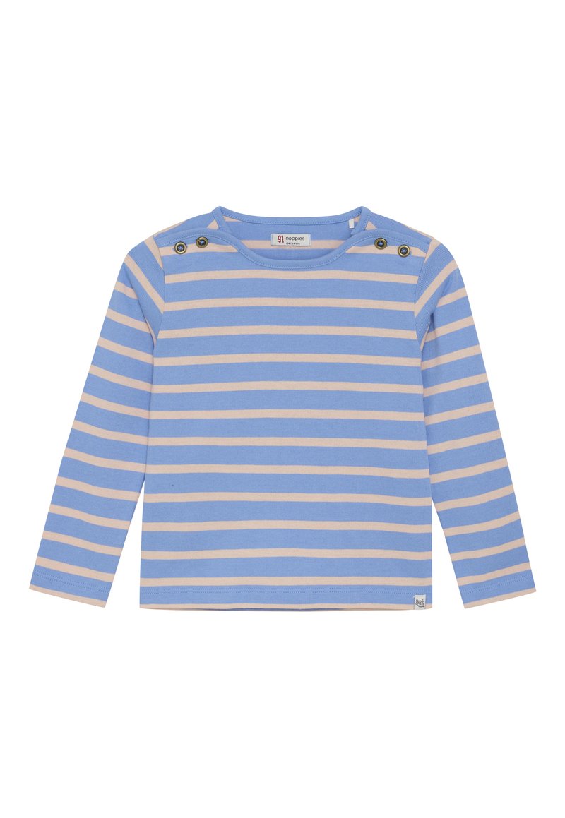 Blauw en beige horizontaal gestreept langarm babyshirt met schouderknopen en ronde hals.