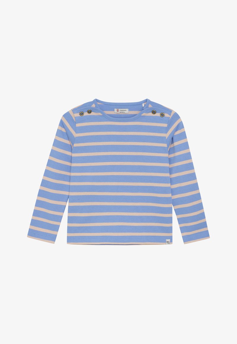 Blauw en beige horizontaal gestreept langarm babyshirt met schouderknopen en ronde hals.