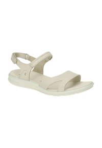 Sandal beige con cinturini regolabili, parte superiore in sintetico liscio, retro chiuso, soletta imbottita e suola in gomma morbida. Design minimalista.