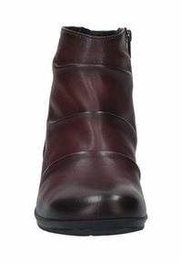 Stivaletto borgogna con pelle liscia, punta rotonda e cerniera laterale. Presenta cuciture orizzontali sulla parte superiore per un tocco di design.