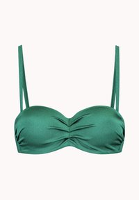 Top de bikini verde con canalé, con centro fruncido, tirantes estrechos ajustables y acabado suave; hecho de una tela elástica y texturizada.