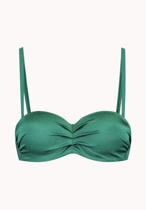 Top de bikini vert côtelé avec un centre froncé, des fines bretelles ajustables et un fini lisse ; fabriqué à partir d'un tissu extensible et texturé.